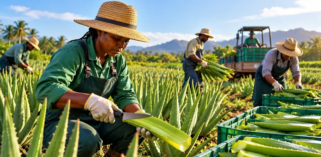 Dans un champ d'aloe vera, une cueilleuse coupe une feuille au couteau ; derrière elle, d'autres cueilleurs remplissent des caisses de feuilles.